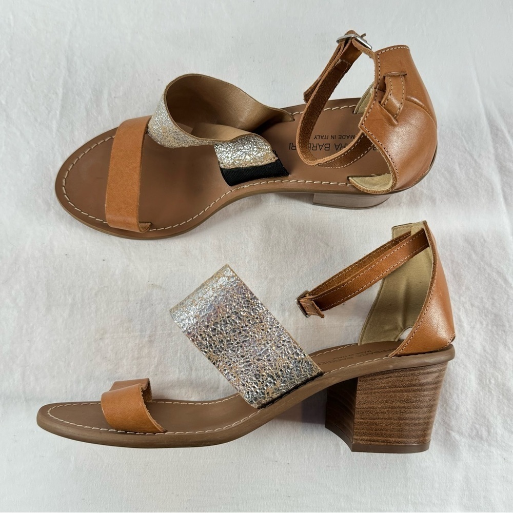 Barbara Barbieri Leather Ankle Strap Stacked Heel Sandal in Brown Silver Size 10